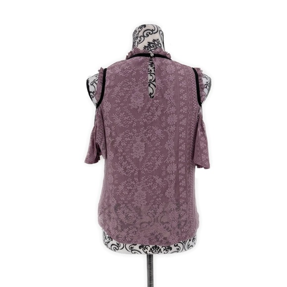 Lily White Mauve Lace Cold Shoulder w/ Black Ribbon Tie Romantic Boho Blouse - Picture 7 of 10